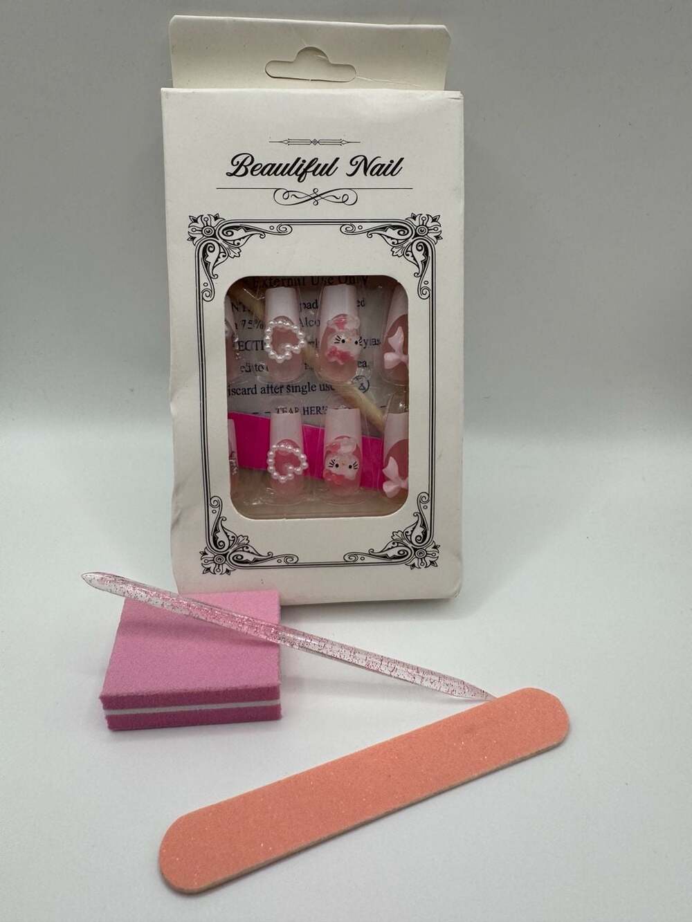 Beautiful Nail Hello Kitty Kawaii 3D Press-On Nails with Pearl Bows and Accessor